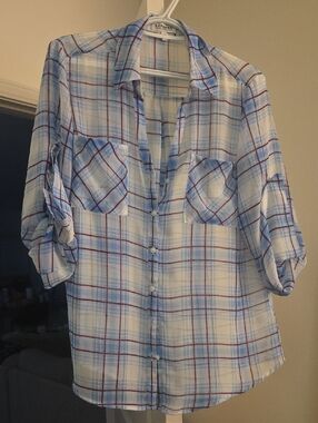 Express Blue and White Plaid Button-Down Shirt